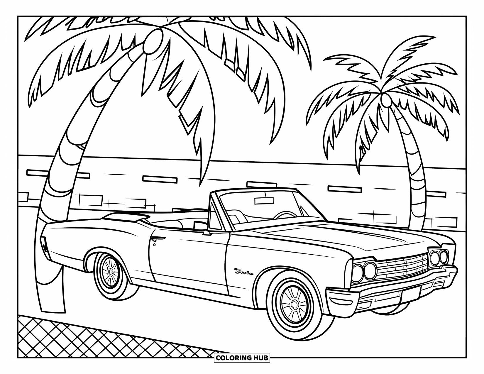 Vehicle Coloring Page for Kids: A classic convertible rests under palm trees with road lines behind