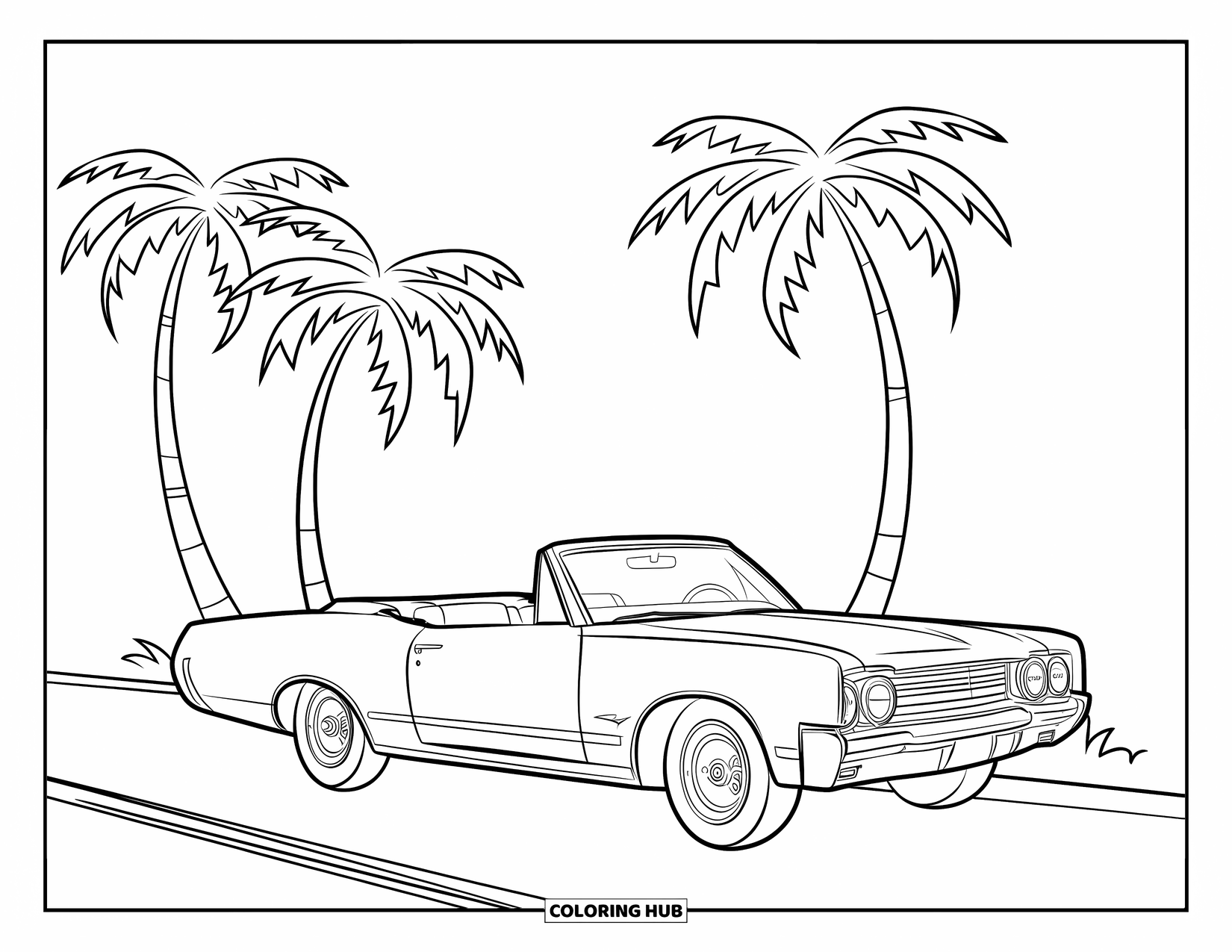 Vehicle Coloring Page for Kids: A convertible car parked under palm trees beside a quiet road