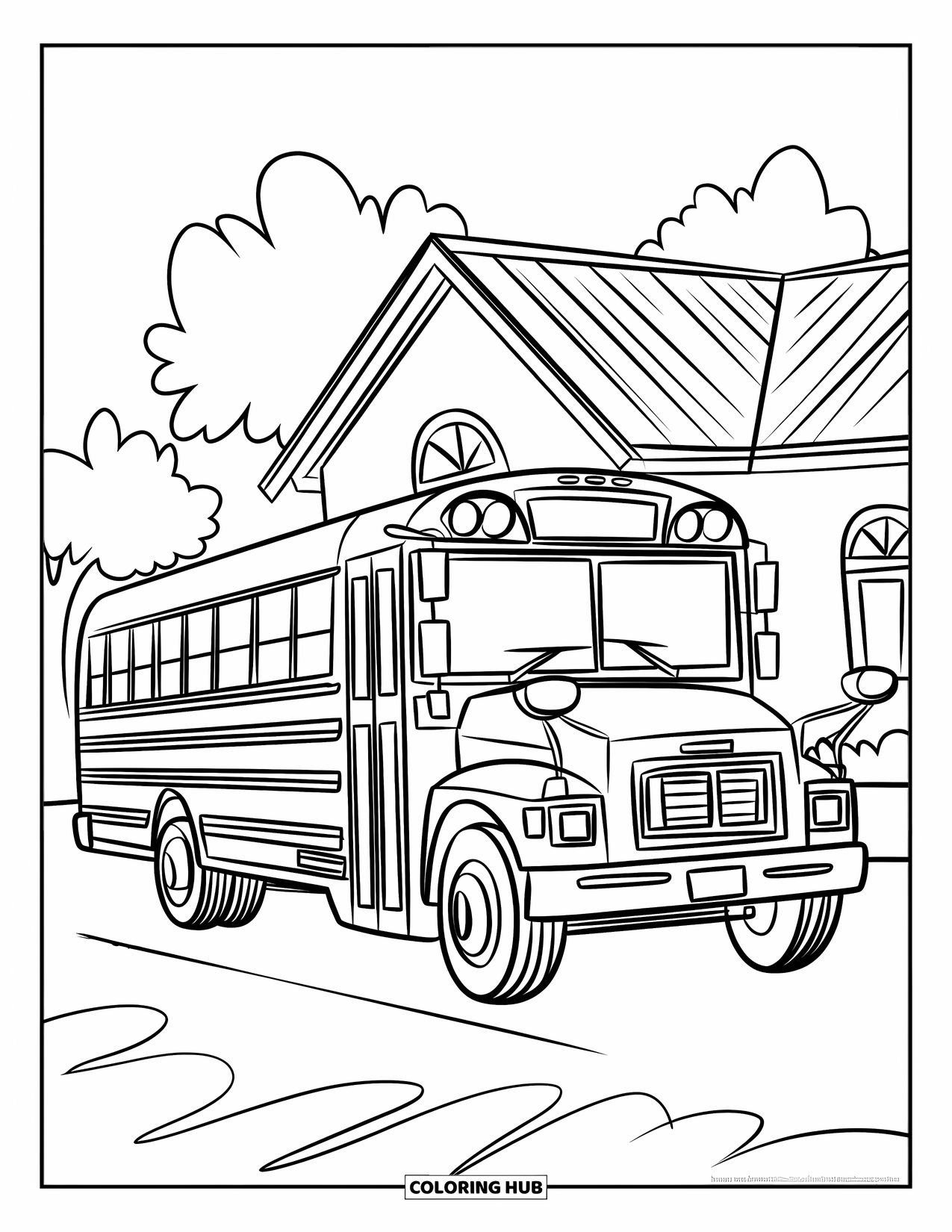 Vehicle Coloring Page for Kids: A friendly school bus rests beside a cheerful building