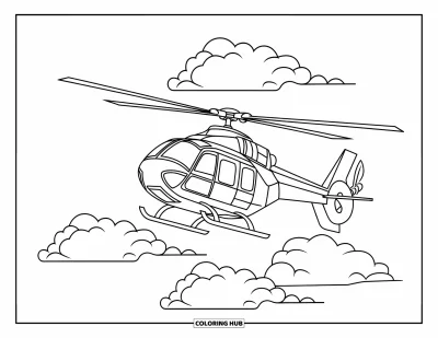 Jármű kifestő gyerekeknek: Egy helikopter bolyhos felhők között szárnyal az égen