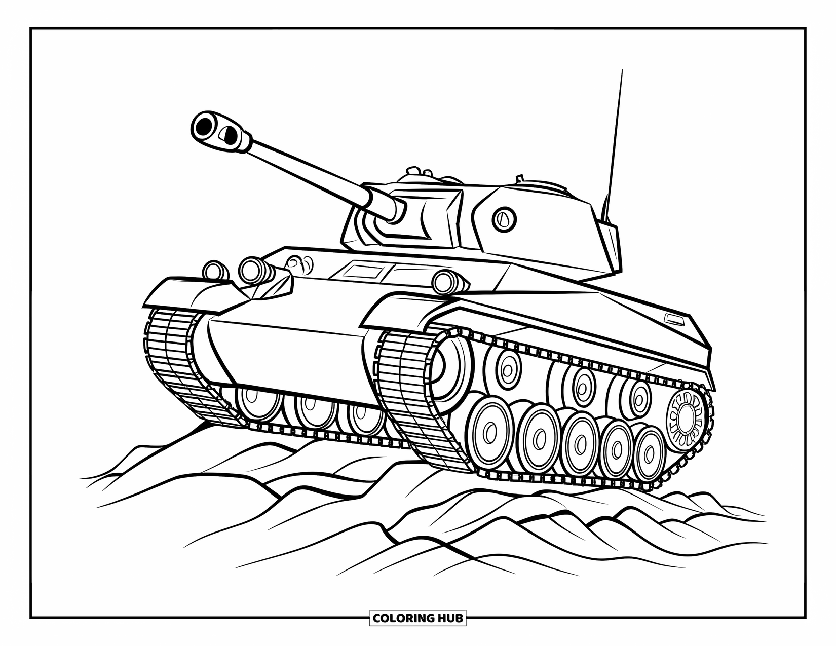 Vehicle Coloring Page for Kids: A military tank rumbles over rocky terrain and small plants
