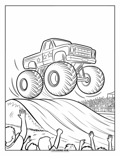 Jármű kifestő gyerekeknek: Egy monster truck földes rámpáról ugrik egy ujjongó tömeg előtt