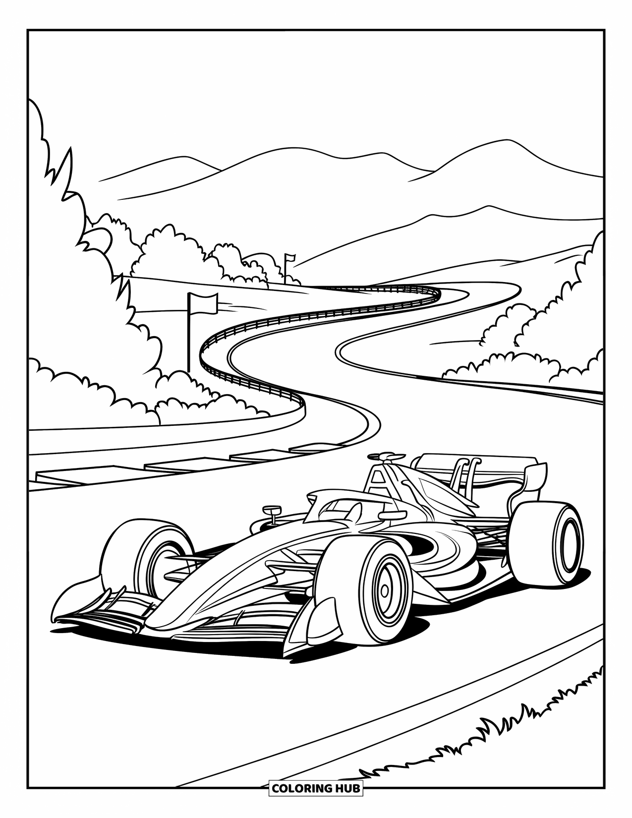 Vehicle Coloring Page for Kids: A race car rushes down a curvy track in the valley