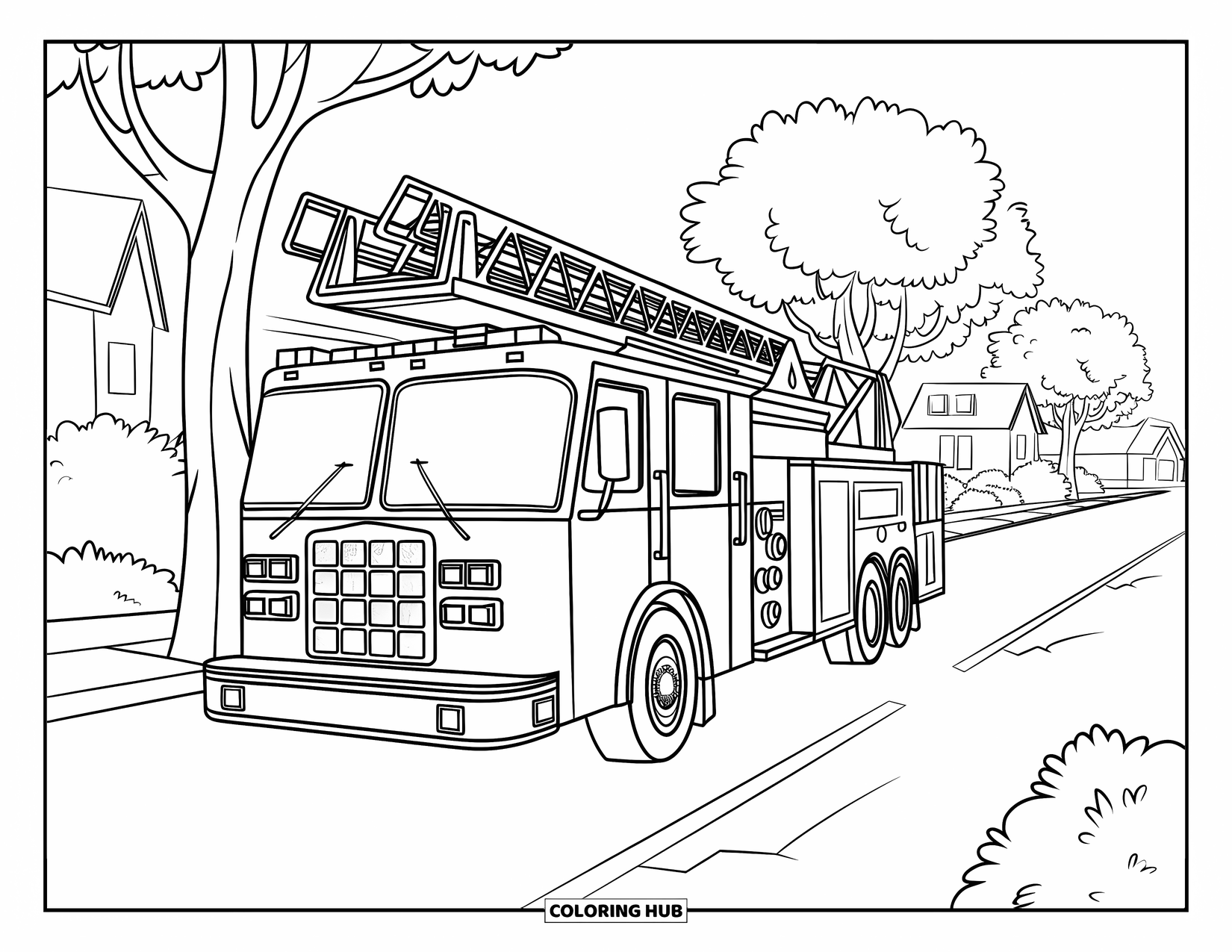 Vehicle Coloring Page for Kids: A red fire truck with a ladder waits on a quiet street