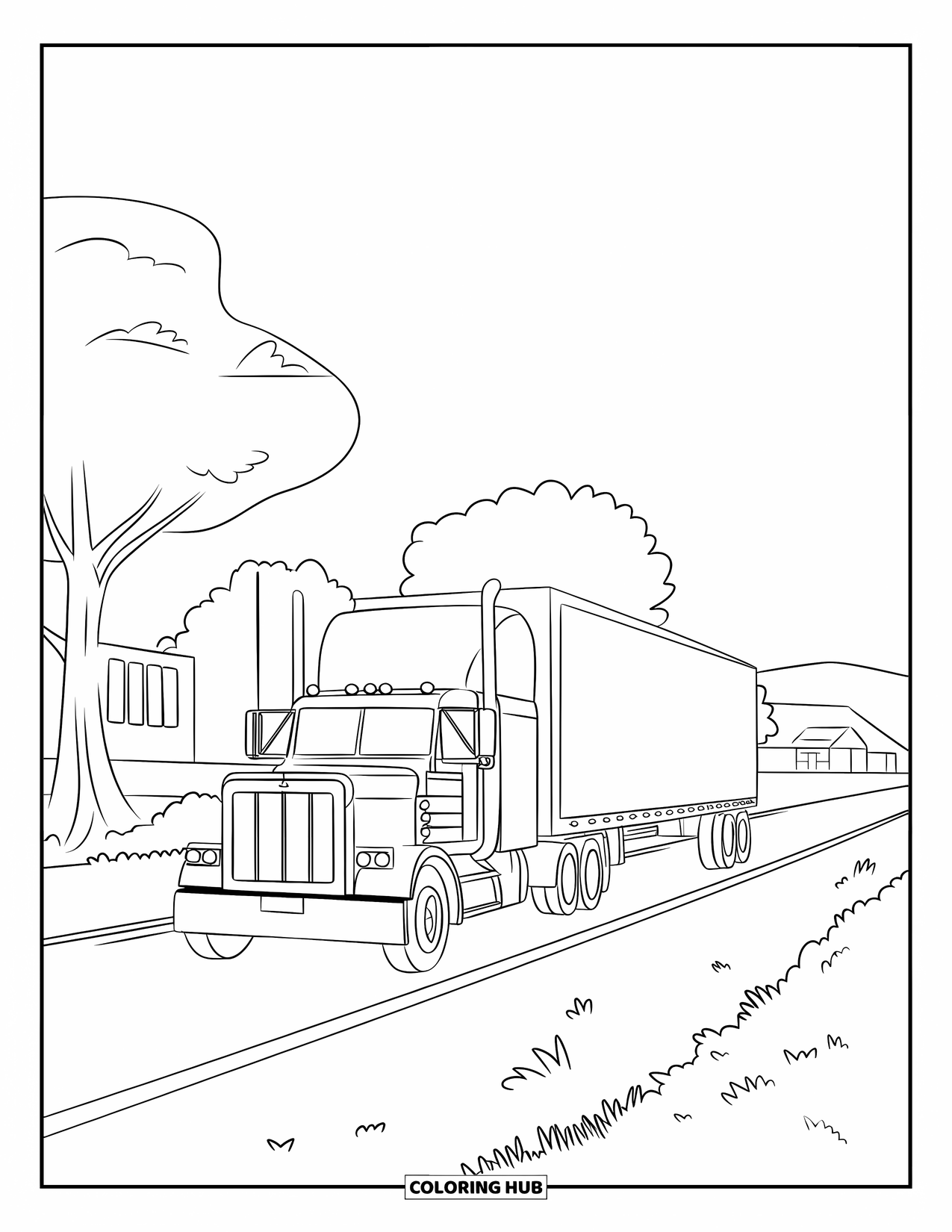 Vehicle Coloring Page for Kids: A semi-truck carries cargo down a road with trees and buildings