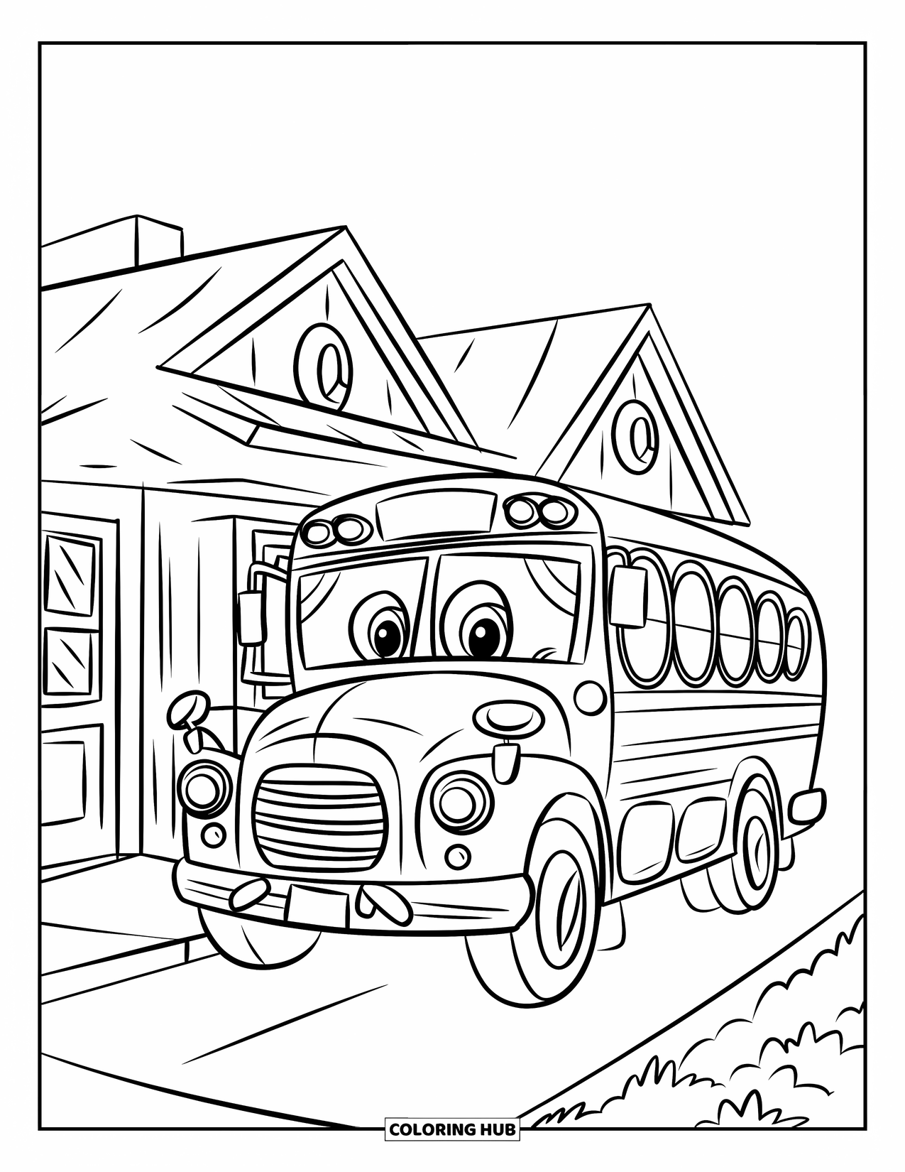Vehicle Coloring Page for Kids: A shiny bus is parked beside a sidewalk and a clear sky