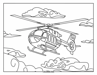 Jármű kifestő gyerekeknek: Egy mosolygó helikopter állatformájú felhők felett siklik