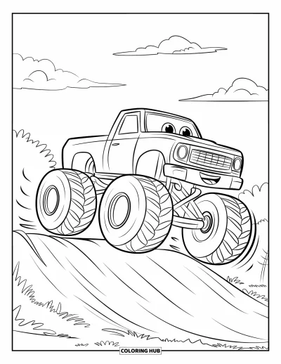 Jármű kifestő gyerekeknek: Egy mosolygó monster truck ugrik mozgásvonalakkal és bolyhos felhőkkel