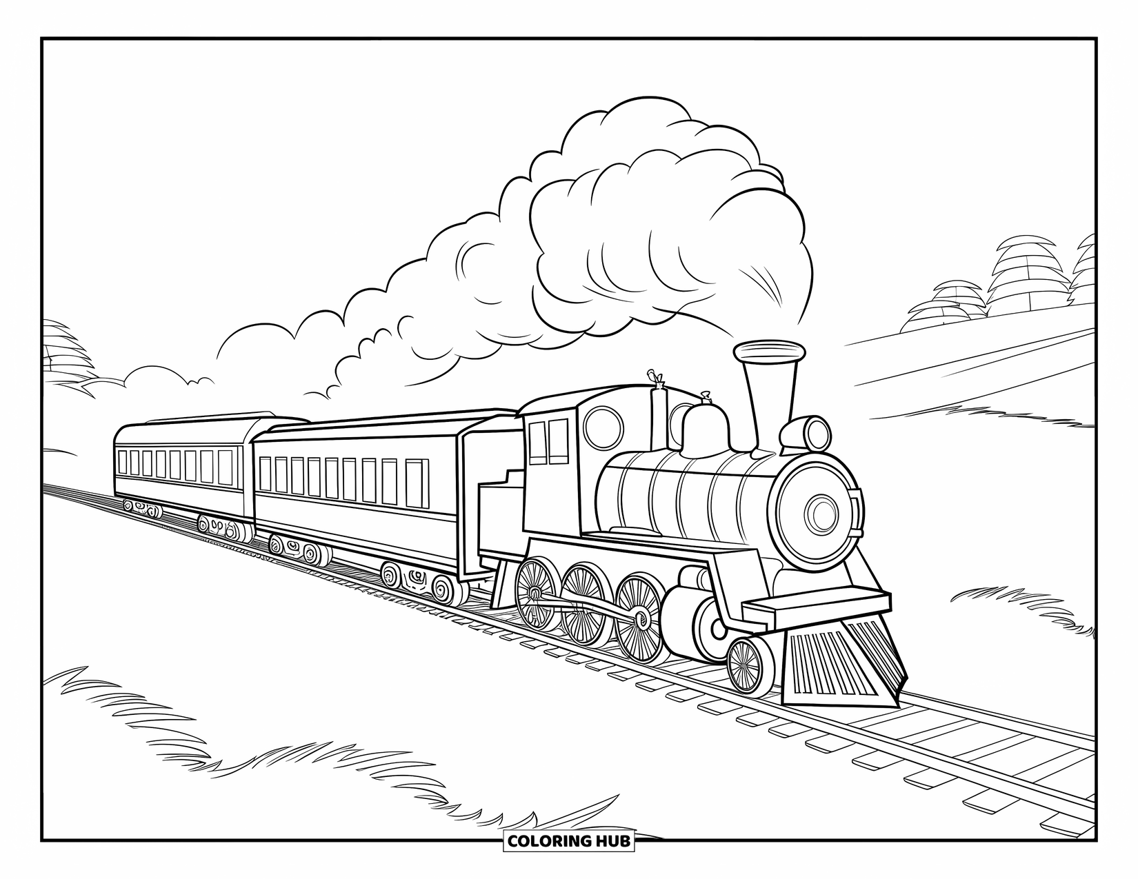 Vehicle Coloring Page for Kids: A train rolls past hills and trees under an open sky