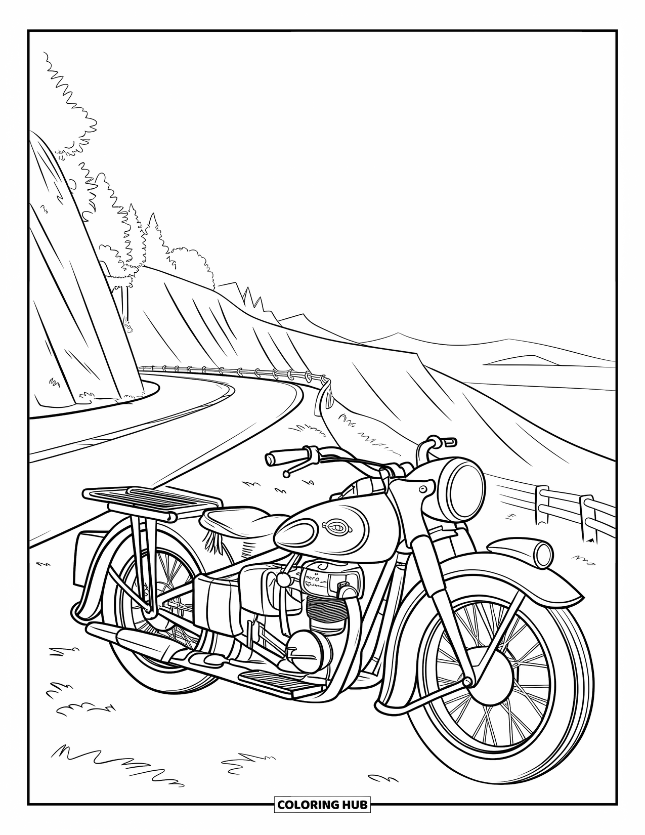 Vehicle Coloring Page for Kids: A vintage motorcycle with sidecar parks by a scenic cliff road