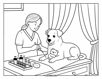 Tegning af dyrlægen til voksne: En rolig hund får et blidt tjek af poten i en hyggelig klinikkrog