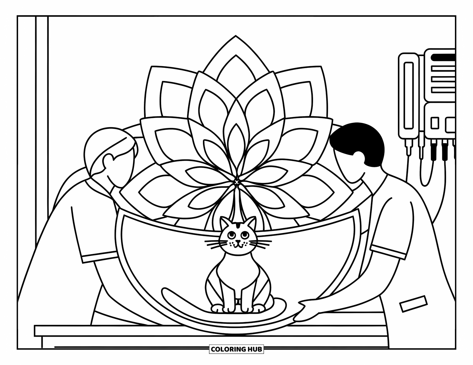 Vet Coloring Page for Adults: A cone-wearing cat sits calmly as the vet assists, framed by soft flowers