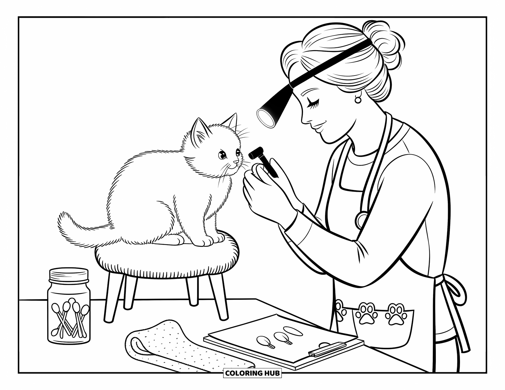 Vet Coloring Page for Adults: A curious kitten sits on a stool while a vet examines its ear