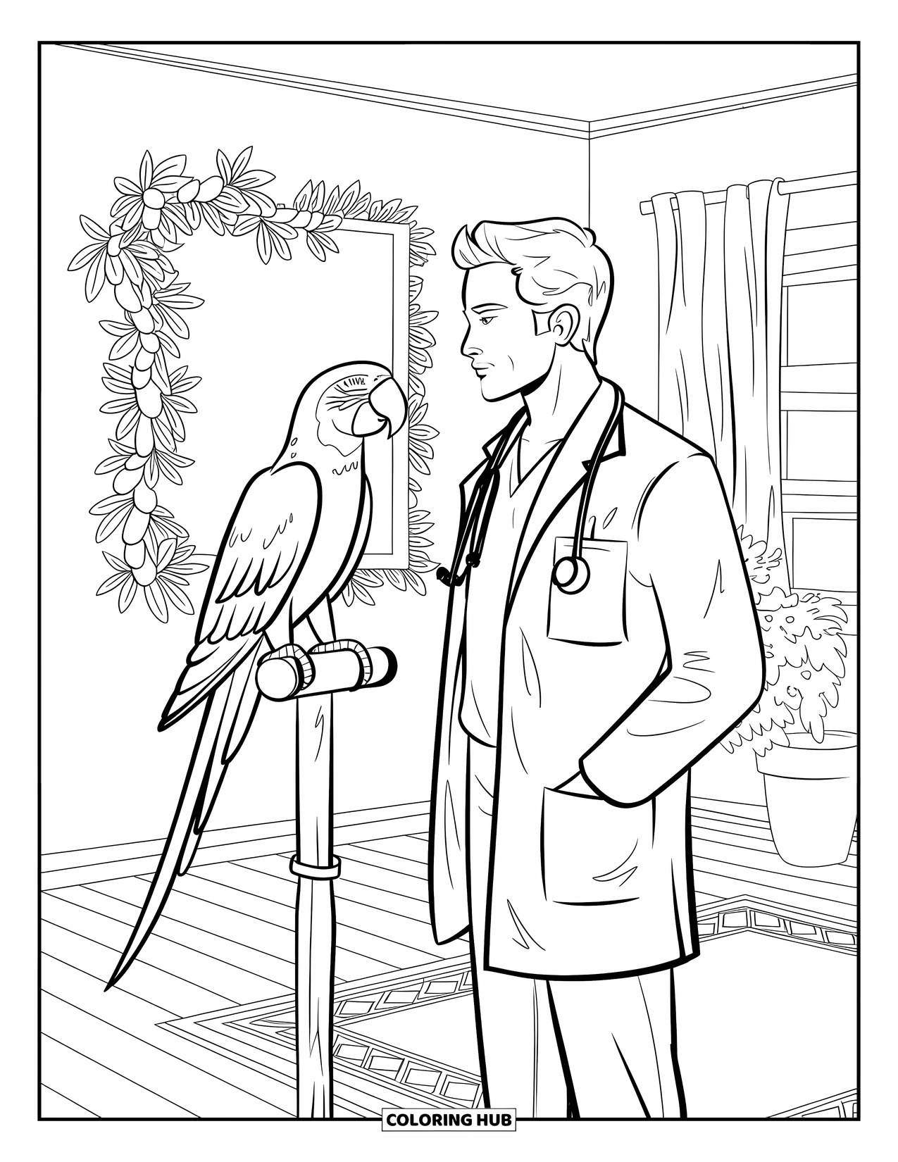 Vet Coloring Page for Adults: A parrot perches across from a vet, framed by blooming leaves and soft decor