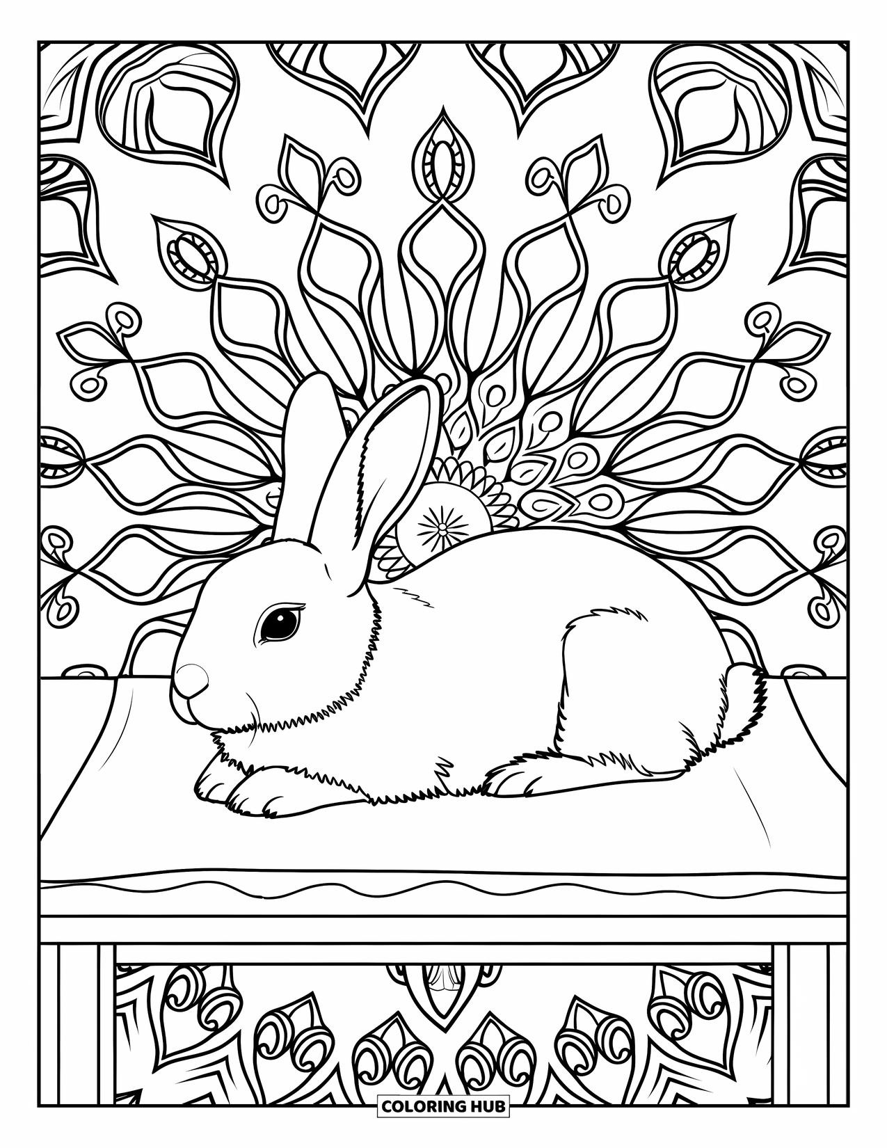 Vet Coloring Page for Adults: A peaceful rabbit sits among flowers and vines in a detailed mandala scene