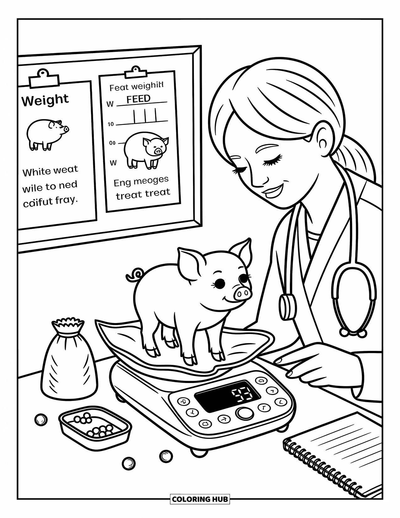 Vet Coloring Page for Adults: A tiny pig gets weighed while its vet team records notes and offers care