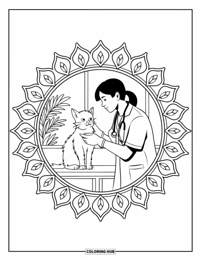 Tegning af dyrlægen til voksne: En dyrlæge undersøger en kat på et bord med en blomstermandala i baggrunden