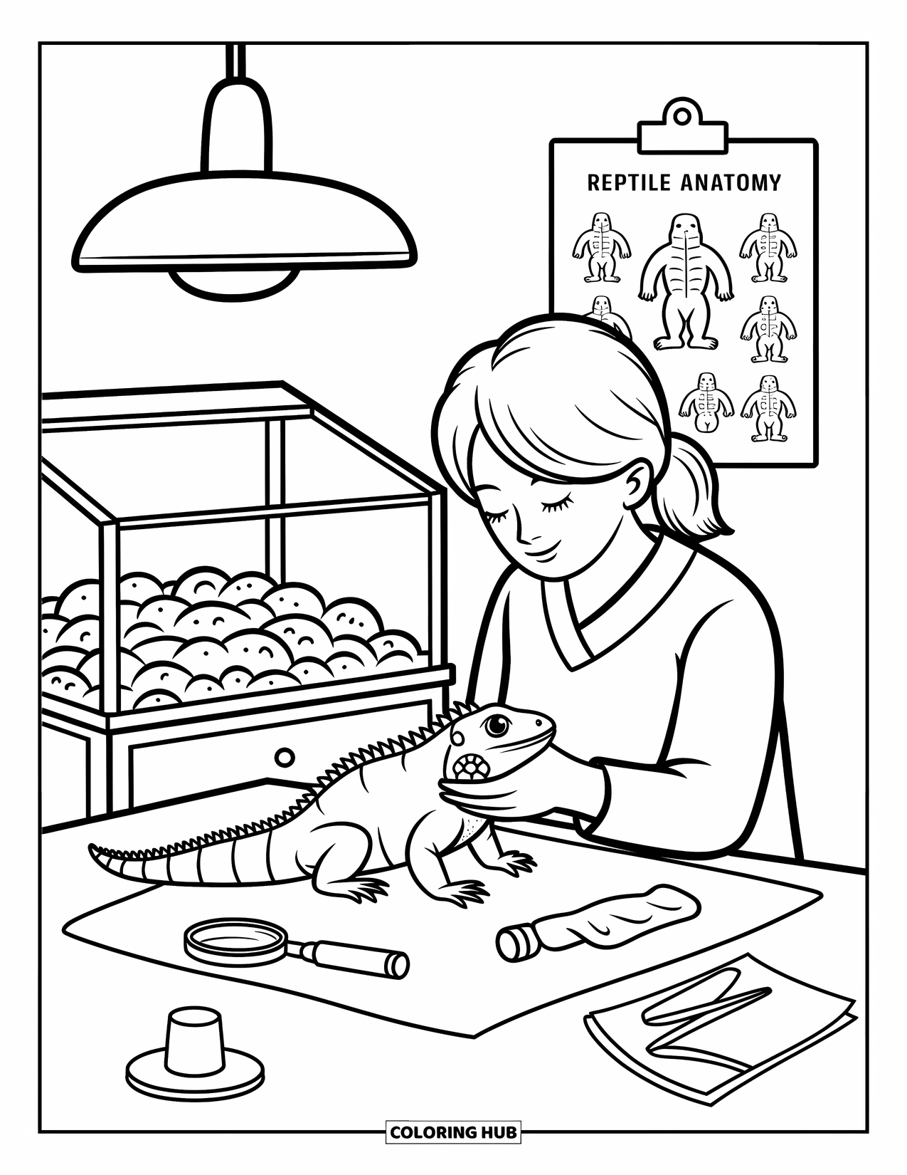 Vet Coloring Page for Adults: A vet holds an iguanaís tail gently in a calm reptile care room