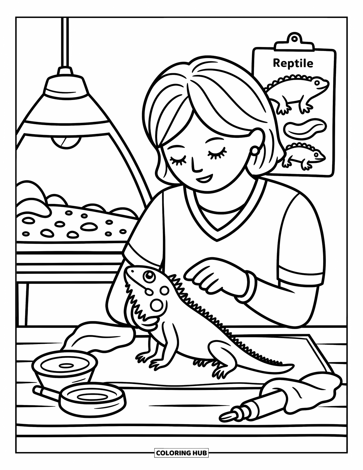 Vet Coloring Page for Adults: An iguana rests in caring hands as a vet checks its tail
