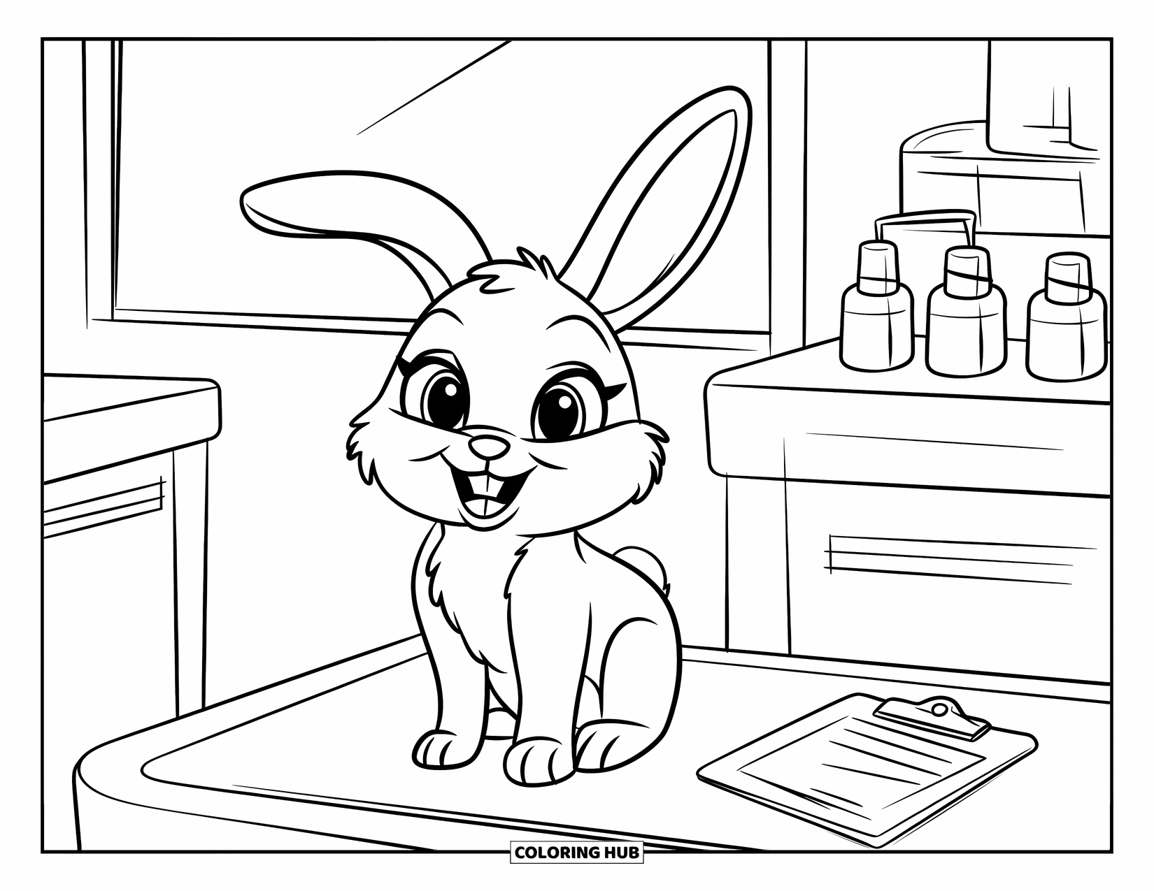 Vet Coloring Page for Kids: A bunny sits sweetly on the vet table beside a clipboard