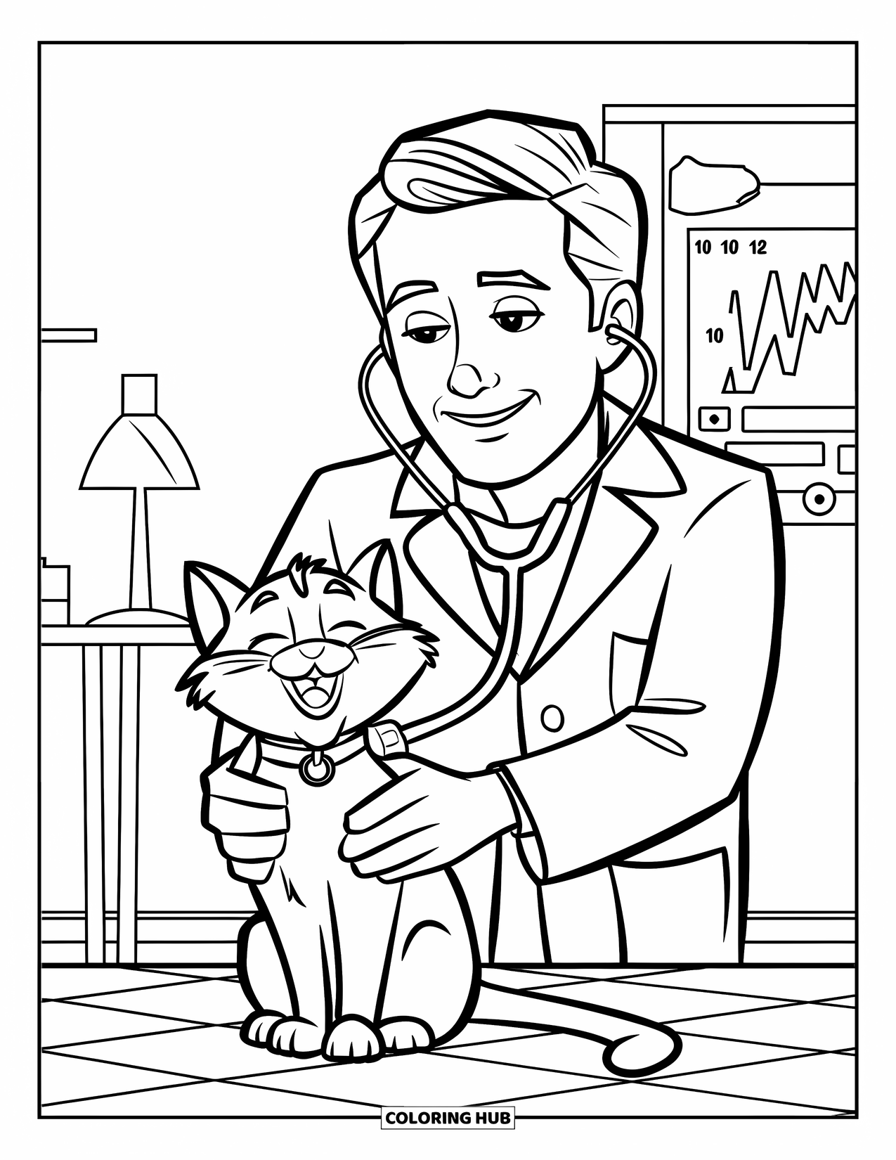 Vet Coloring Page for Kids: A calm cat enjoys a visit with the vet in a bright room
