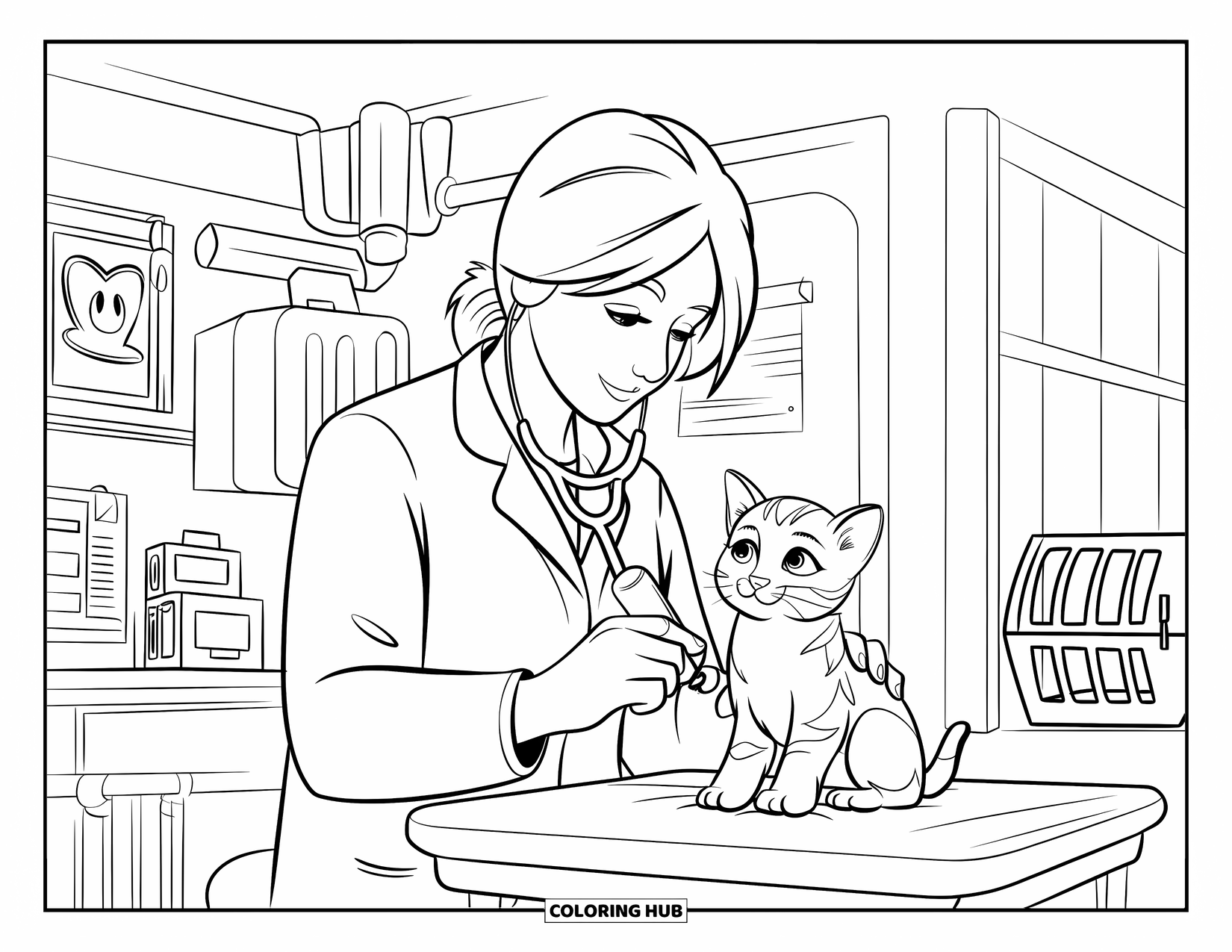 Vet Coloring Page for Kids: A calm clinic scene with a vet treating a kitten with care