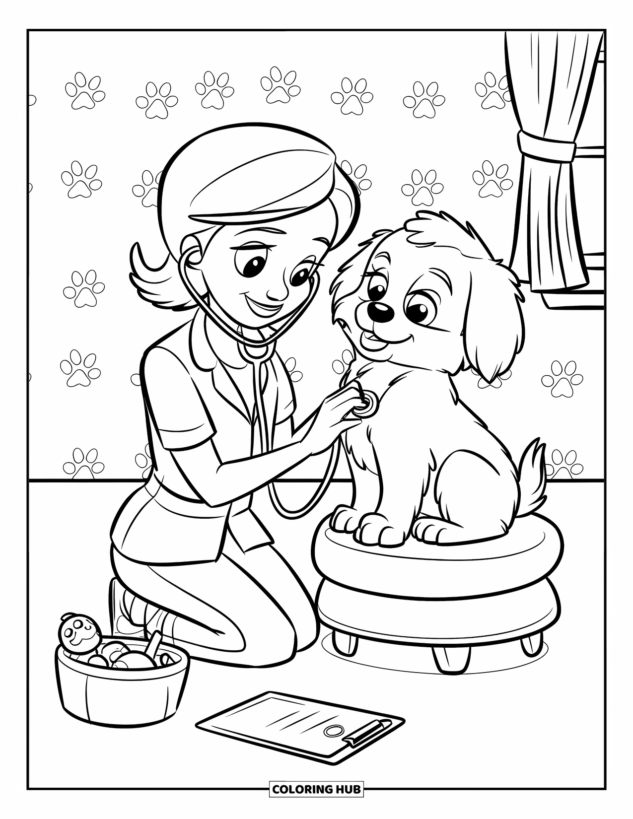 Vet Coloring Page for Kids: A fluffy puppy listens to a stethoscope in a calm vet room
