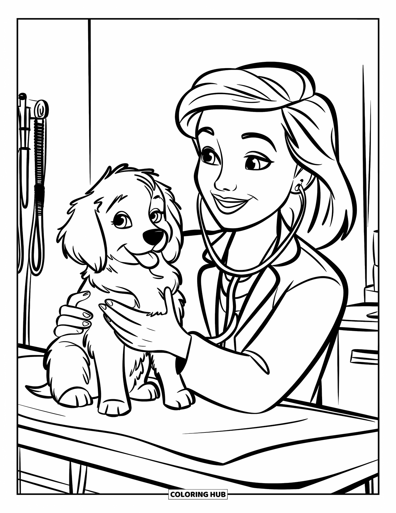 Vet Coloring Page for Kids: A golden retriever puppy rests happily with a smiling vet in a calm room