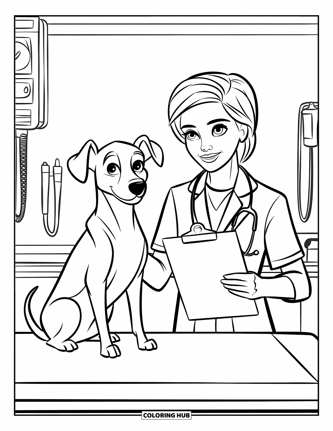 Vet Coloring Page for Kids: A pup sits patiently as the vet assistant checks the notes