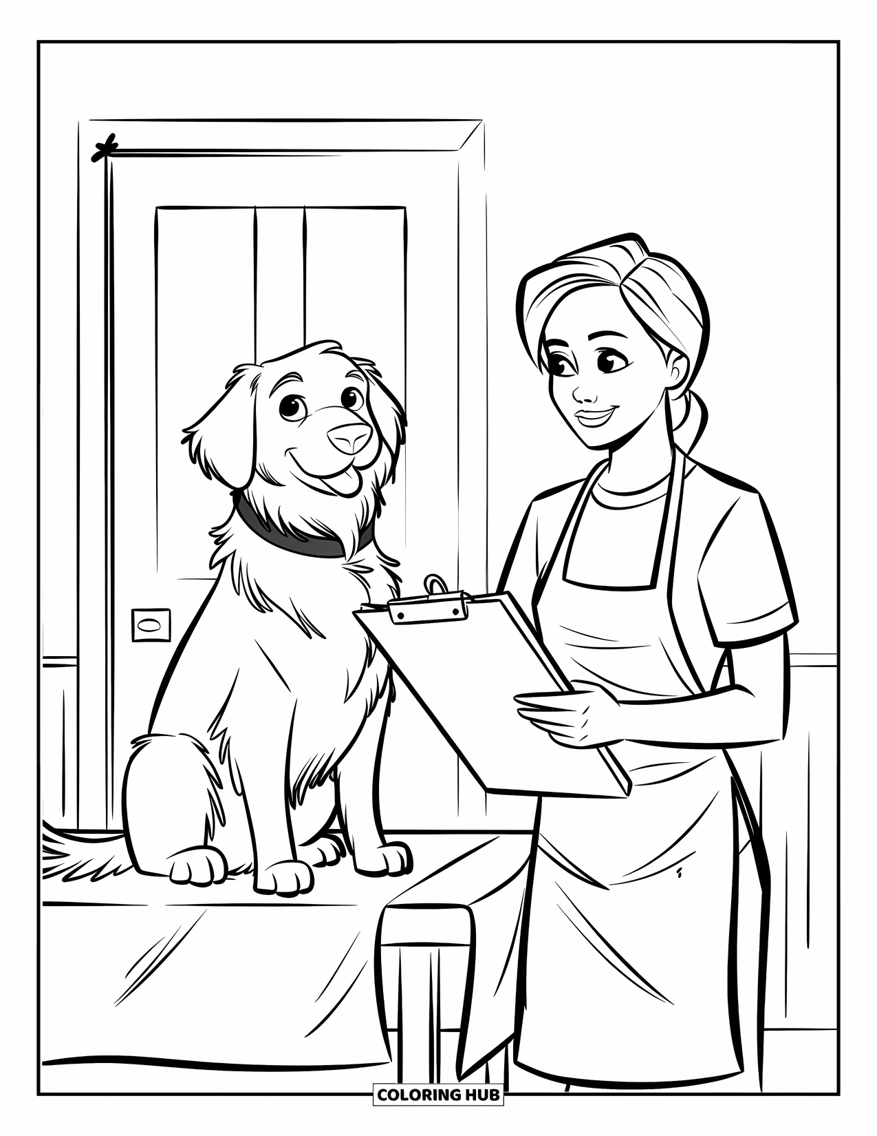 Vet Coloring Page for Kids: A smiling assistant and friendly dog share a moment during a check-up