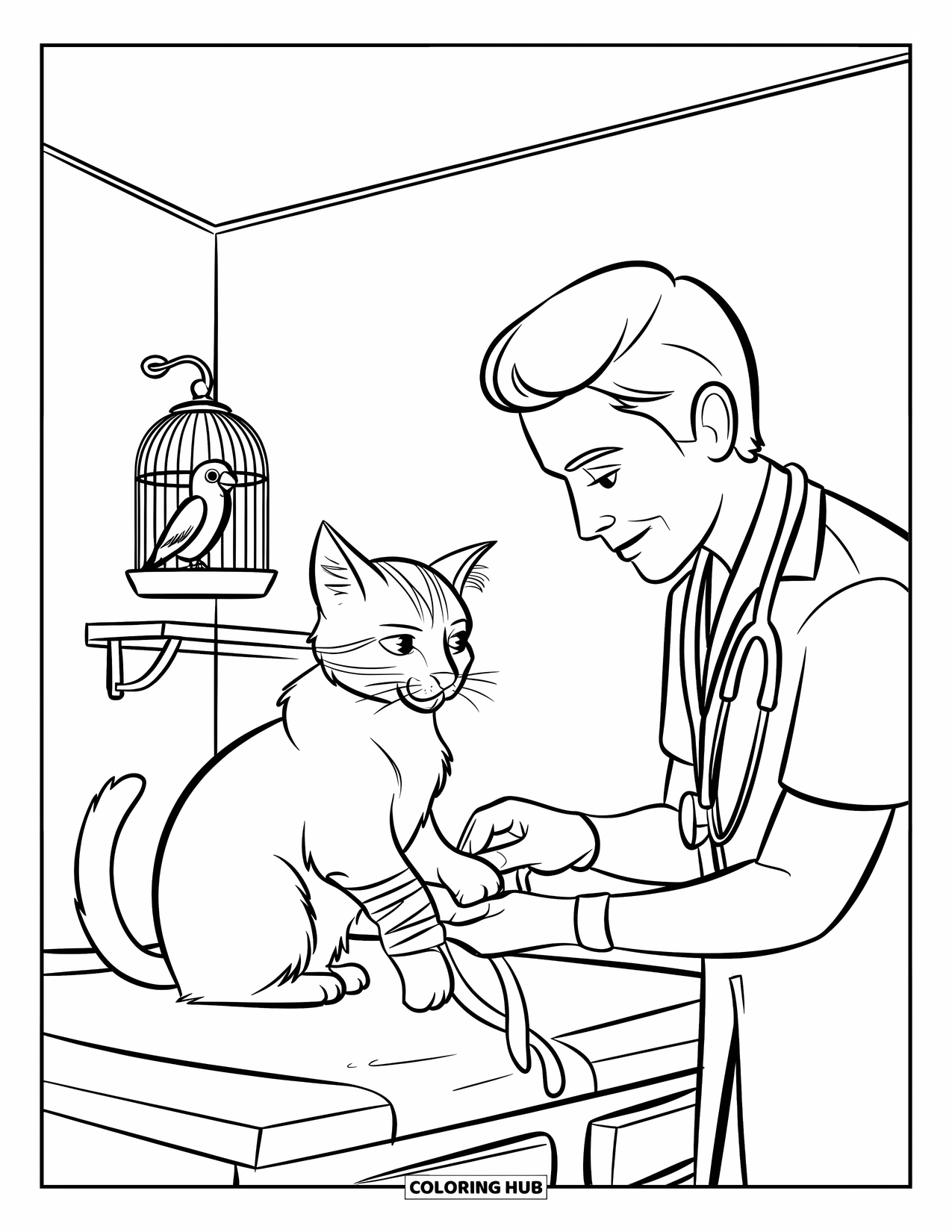 Vet Coloring Page for Kids: A vet wraps a cat's paw as a bird looks on from the corner
