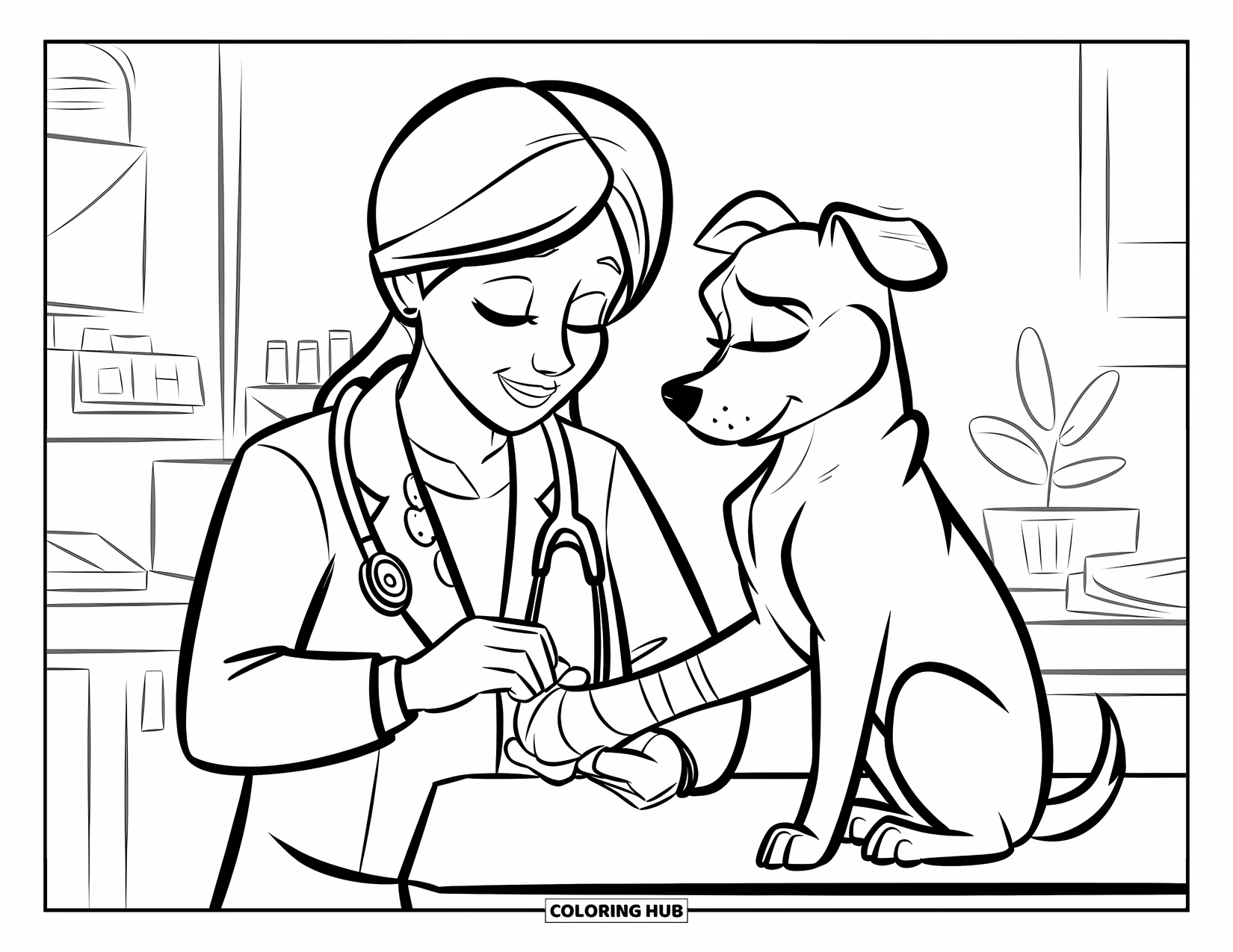 Vet Coloring Page for Kids: A vet wraps a dog's paw while it rests quietly in a cozy room