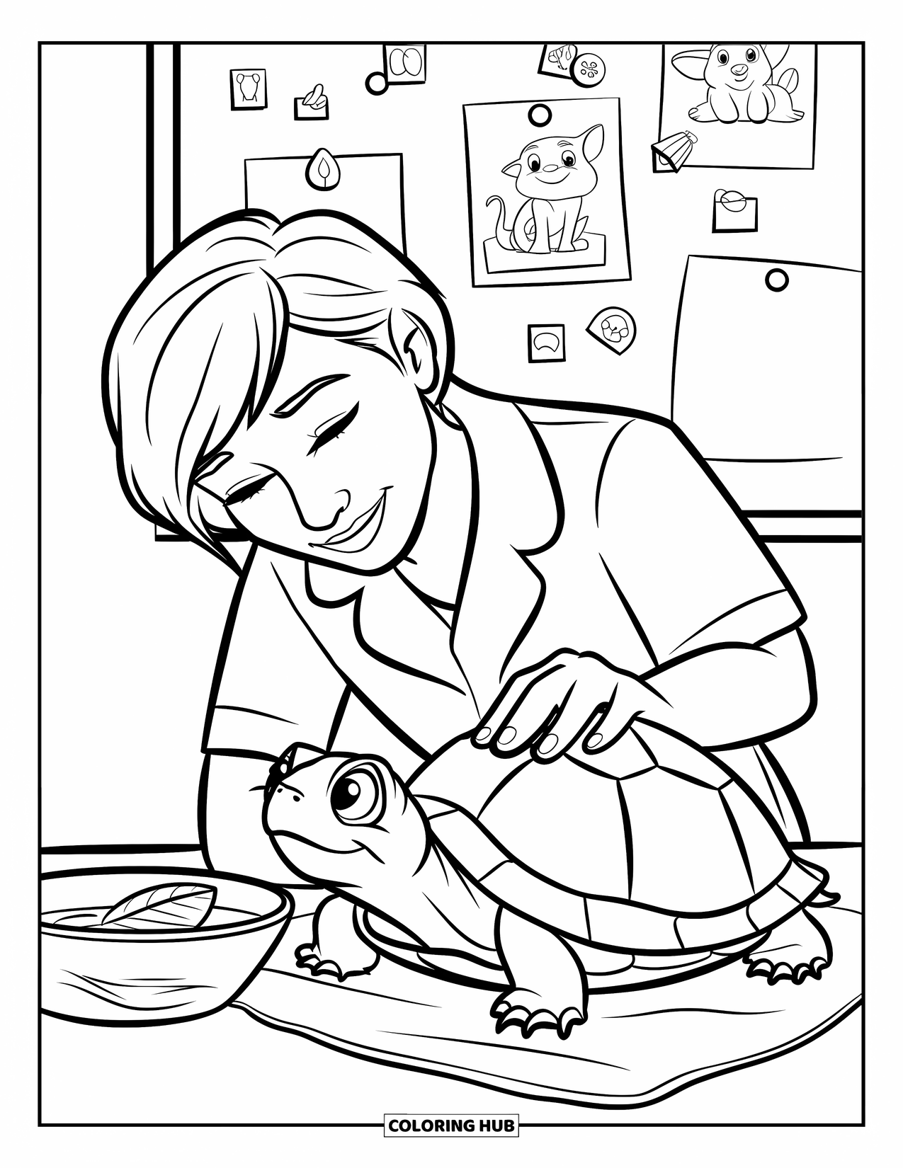 Vet Coloring Page for Kids: A wide-eyed turtle gets examined with a magnifier beside snacks and sweet sketches