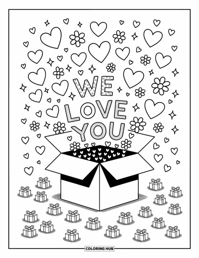 Coloriage « On t'aime » pour adultes : Une boîte cadeau s'ouvre en libérant des cœurs, des étoiles et un grand message d'amour