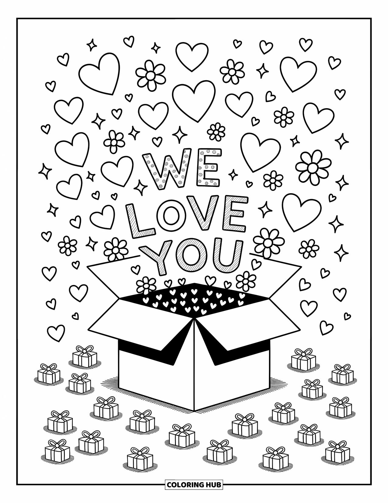 We Love You Coloring Page for Adults: A gift box bursts open with hearts, stars, and a big love message