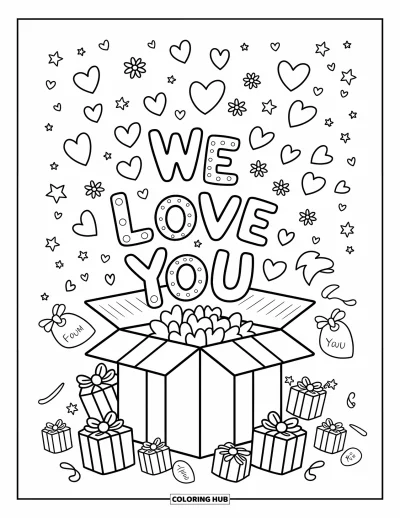 Coloriage « On t'aime » pour adultes : Une boîte cadeau déborde d'amour et de petites surprises, enveloppée de rubans et d'étoiles