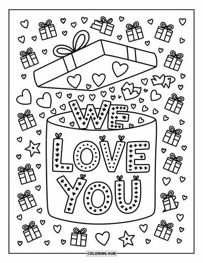 Coloriage « On t'aime » pour adultes : Une boîte joyeuse déborde de cœurs et d'étoiles rayonnant d'un tendre message d'amour