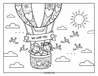 Coloriage « On t'aime » pour adultes : Un ballon patchwork s'élève dans les airs tandis que des enfants partagent un joyeux message d'amour