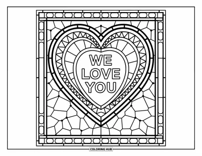 Coloriage « On t'aime » pour adultes : Un cœur façon vitrail brille de motifs colorés avec un message d'amour en son centre