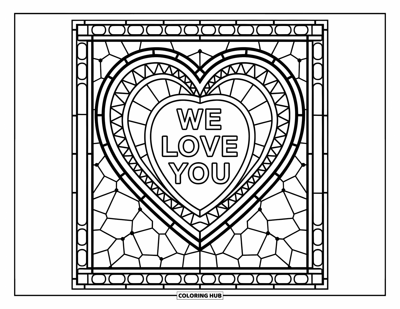 We Love You Coloring Page for Adults: A stained-glass heart shines with patterns and a loving message in the center