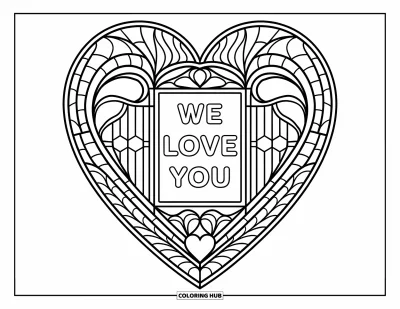 Coloriage « On t'aime » pour adultes : Un vitrail en forme de cœur rayonne d'un message d'amour en son centre