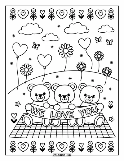Coloriage « On t'aime » pour adultes : Des ours tiennent une bannière d'amour sur une colline avec des nuages, des marguerites et des ballons en forme de cœur