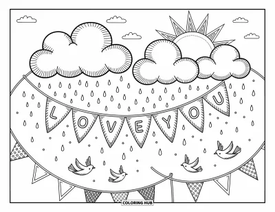 Coloriage « On t'aime » pour adultes : Des oiseaux, des nuages et des rayons de lumière dentelés entourent un ciel parsemé de petites pluies en forme de cœur