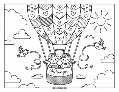 Coloriage « On t'aime » pour adultes : Des enfants dans la nacelle d'un ballon partagent un parchemin d'amour tandis que des oiseaux volettent autour d'eux