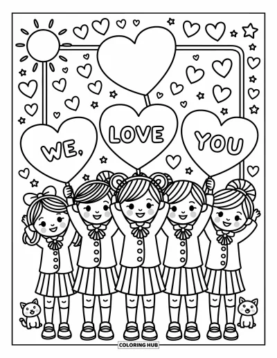 Coloriage « On t'aime » pour adultes : Des enfants en tenue scolaire tiennent des panneaux en forme de cœur avec un joyeux message d'amour