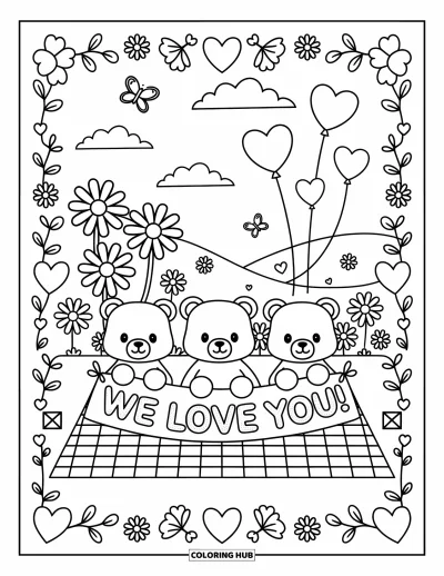 Coloriage « On t'aime » pour adultes : Trois ours partagent un pique-nique chaleureux avec une bannière affectueuse et des ballons en forme de cœur