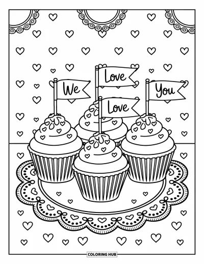 Coloriage « On t'aime » pour adultes : Trois cupcakes posés sur un napperon en dentelle avec de petits fanions épelant l'amour
