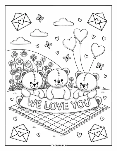 Coloriage « On t'aime » pour adultes : Trois nounours tiennent une banderole brodée avec un doux message lors d'un pique-nique