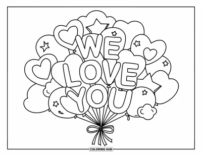 Coloriage « On t'aime » pour enfants : Un bouquet de ballons attachés avec amour dérive joyeusement dans le ciel