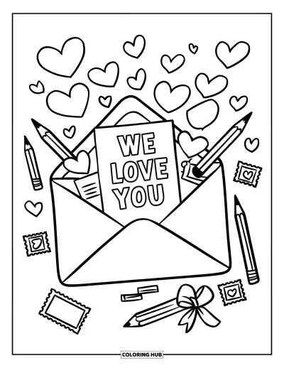 Coloriage « On t'aime » pour enfants : Une grande enveloppe déborde de cœurs et de petits mots affectueux